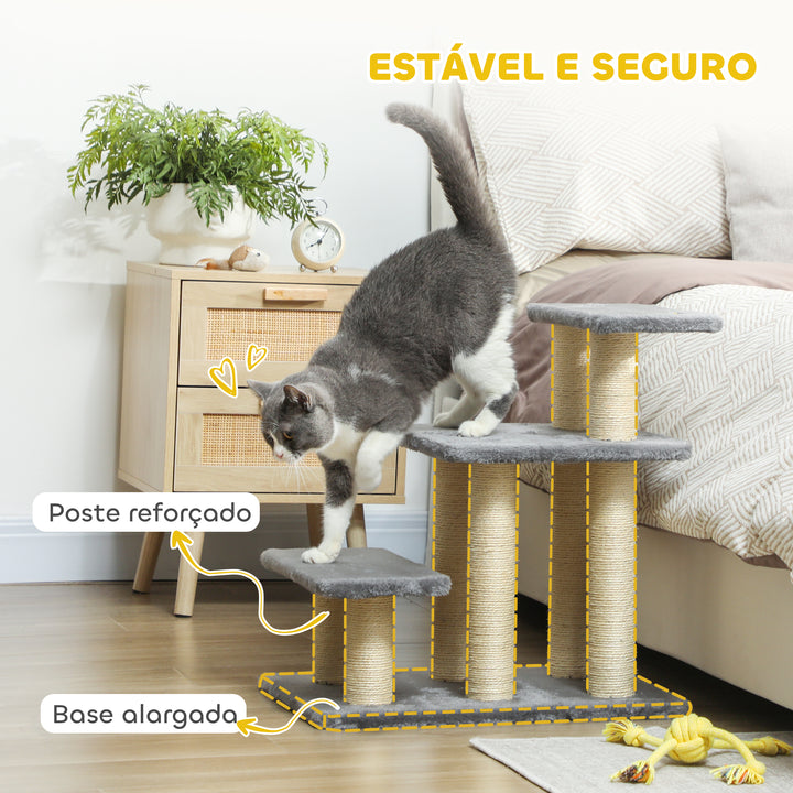 Escada para Gatos de 3 Degraus Escada para Animais de Estimação Estrutura Ajustável com Postes para Arranhar, Bola Pendurada Carga 10 kg para Cama Sofá 52x34,5x54 cm Cinzento