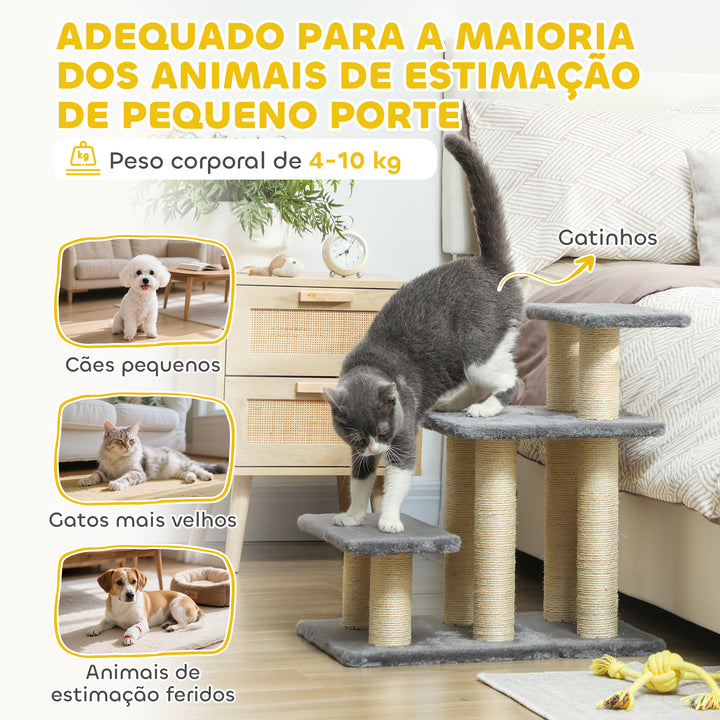 Escada para Gatos de 3 Degraus Escada para Animais de Estimação Estrutura Ajustável com Postes para Arranhar, Bola Pendurada Carga 10 kg para Cama Sofá 52x34,5x54 cm Cinzento