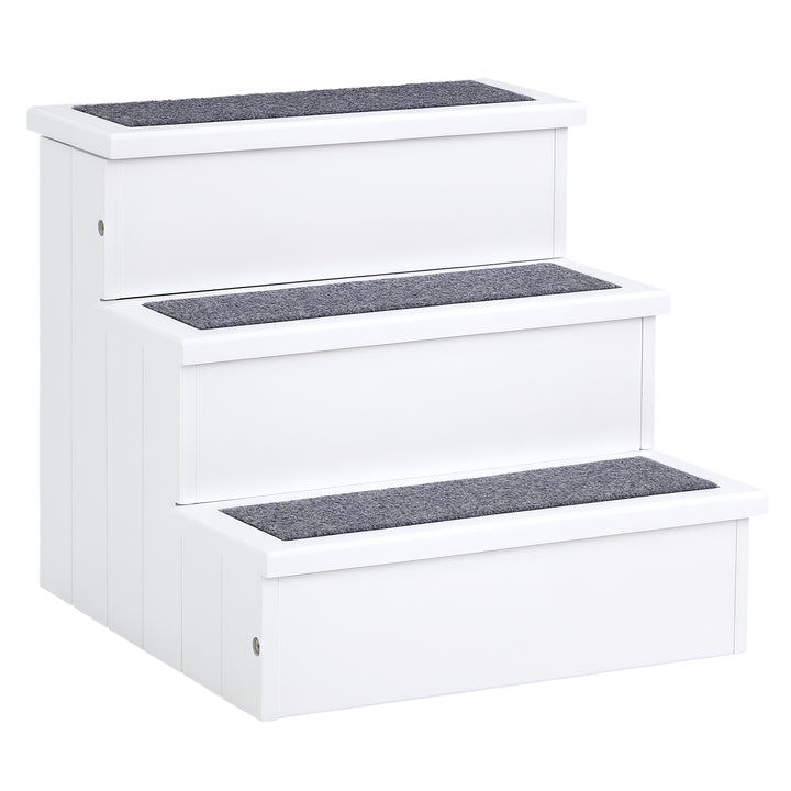 Escada para animais de estimação com 3 degraus espaço de armazenamento e tapete antiderrapante carga 30 kg 40,5x44,5x38 cm madeira Branco