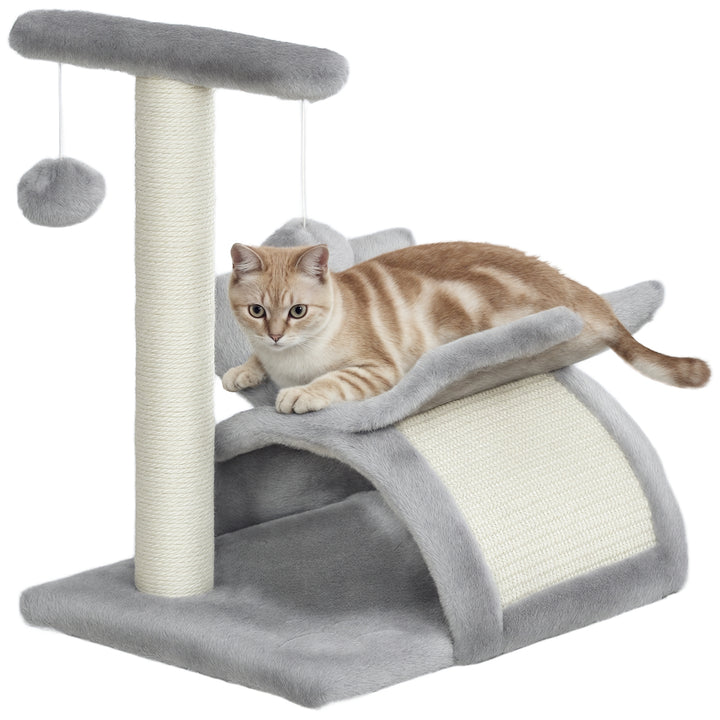 Árvore Arranhador para Gatos Pequena 43 cm Torre para Gatos com Poste Giratório Bolas Suspensas Plataforma Curva e Esconderijo 40x30x43 cm Cinza