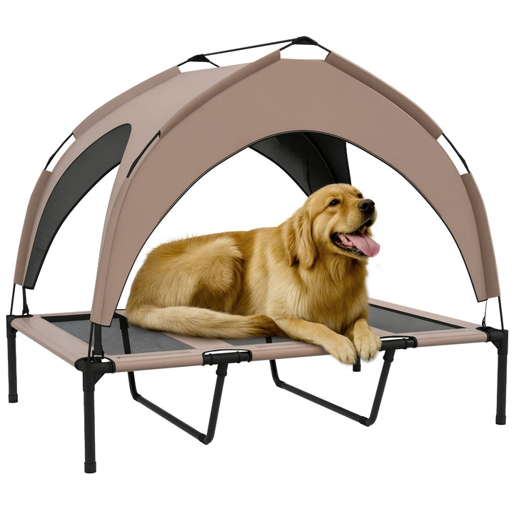 Cama para Cães Elevada com Toldo Cama para Cães Médios com Estrutura de Aço e Bolsa de Transporte para Interior e Exterior 106x76x94 cm Marrom Claro