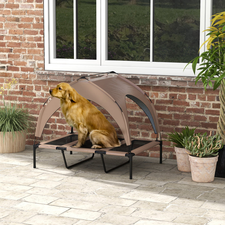 Cama para Cães Elevada com Toldo Cama para Cães Médios com Estrutura de Aço e Bolsa de Transporte para Interior e Exterior 106x76x94 cm Marrom Claro