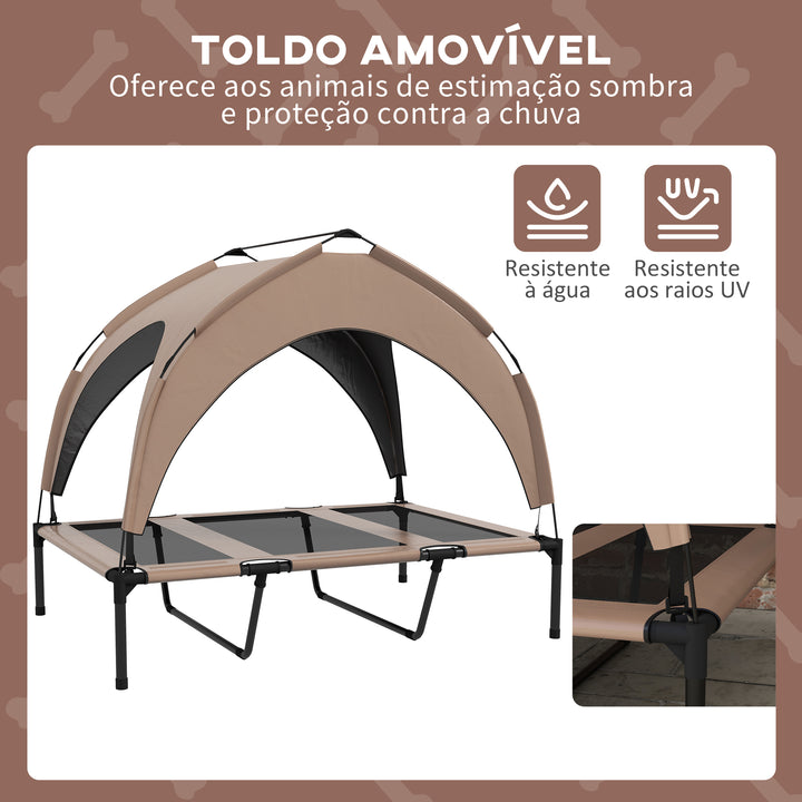 Cama para Cães Elevada com Toldo Cama para Cães Médios com Estrutura de Aço e Bolsa de Transporte para Interior e Exterior 106x76x94 cm Marrom Claro