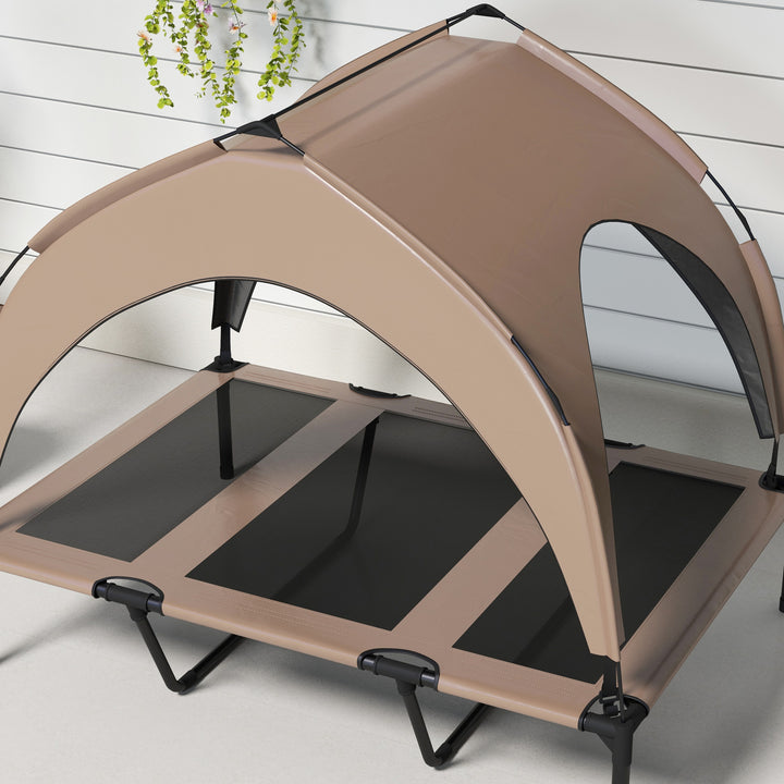 Cama para Cães Elevada com Toldo Cama para Cães Médios com Estrutura de Aço e Bolsa de Transporte para Interior e Exterior 106x76x94 cm Marrom Claro