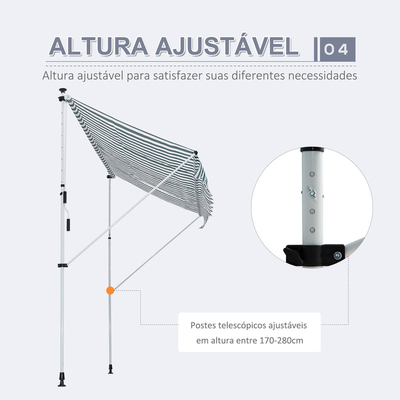 Toldo Manual Retrátil para Exterior 300x150x170-280cm Toldo Enrolável Altura Ajustável com Manivela Proteção Solar para Terraço Balcão Jardim Verde