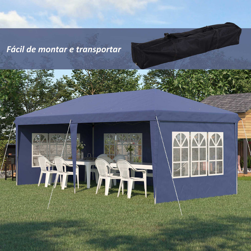 Tenda Dobrável 585x295x270 cm com 4 Paredes Laterais Amovíveis Tenda de Jardim com 4 Janelas e Bolsa de Transporte para Pátio Exterior Azul