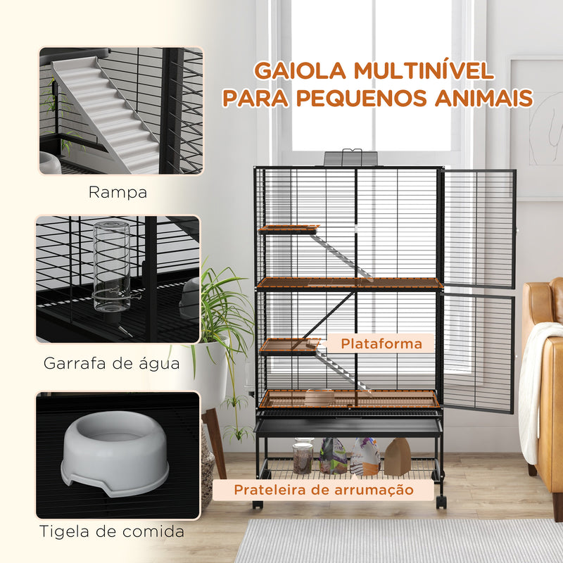 Gaiola para Animais Pequenos de 4 Níveis Parque para Animais com Rodas Rampa Comedouro Bebedouro e Bandeja Removível para Chinchilas Furões 78x45,5x136 cm Preto