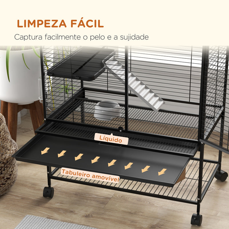 Gaiola para Animais Pequenos de 4 Níveis Parque para Animais com Rodas Rampa Comedouro Bebedouro e Bandeja Removível para Chinchilas Furões 78x45,5x136 cm Preto