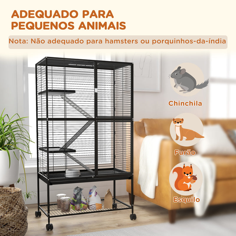 Gaiola para Animais Pequenos de 4 Níveis Parque para Animais com Rodas Rampa Comedouro Bebedouro e Bandeja Removível para Chinchilas Furões 78x45,5x136 cm Preto