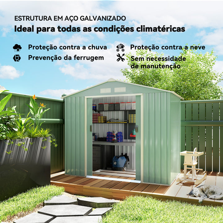 Abrigo de Jardim 213x130x185 cm Abrigo de Jardim Metálico de Exterior para Armazenamento de Ferramentas com 2 Portas Deslizantes e 4 Janelas para Terraço Verde Claro