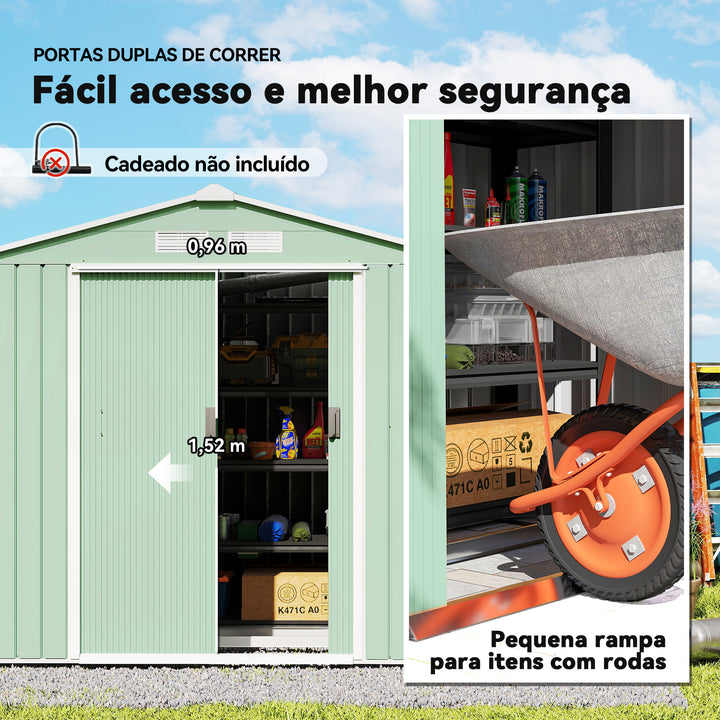 Abrigo de Jardim 213x130x185 cm Abrigo de Jardim Metálico de Exterior para Armazenamento de Ferramentas com 2 Portas Deslizantes e 4 Janelas para Terraço Verde Claro