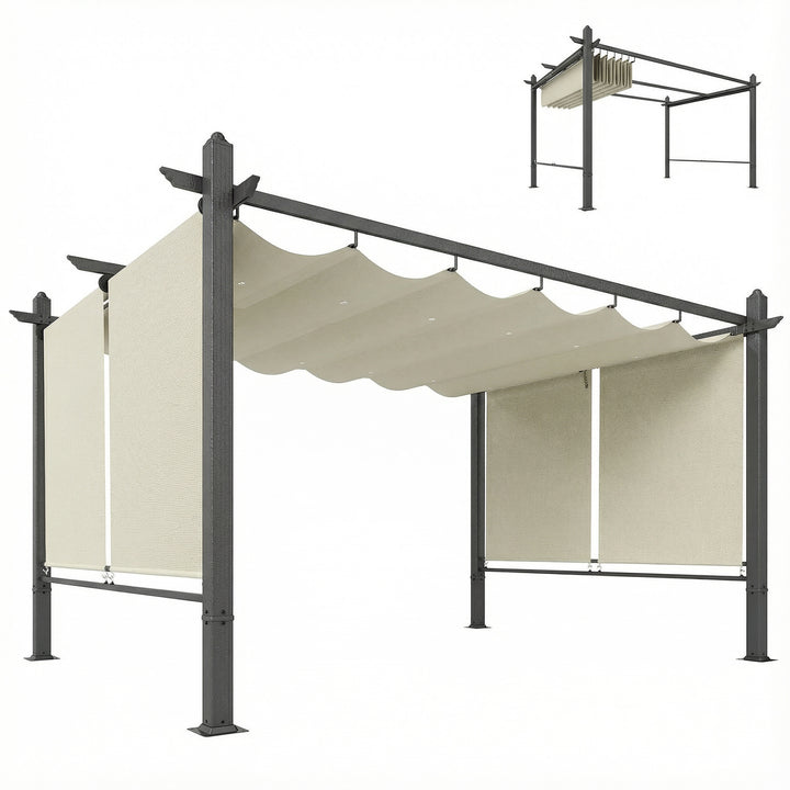Pérgola de Jardim 4x3 m com Telhado Retrátil e Cortinas Automáticas Proteção UPF50+ Estrutura de Alumínio Drenagem Creme