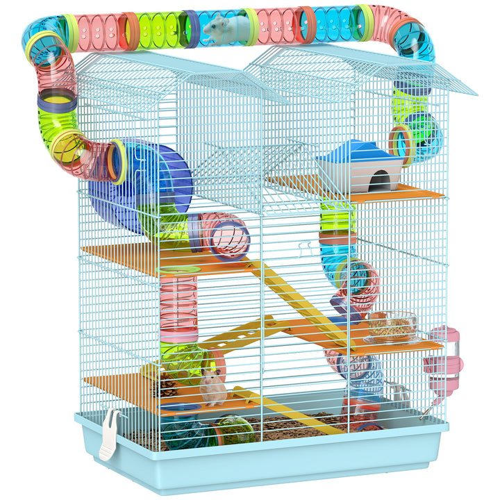 Gaiola para Hamster Casa para Animais Pequenos de Múltiplos Níveis com Sistema de Tubos 4 Plataformas Comedouro Bebedouro Casinha Roda de Exercício Escadas e Bandeja 47x30x59 cm Azul Claro