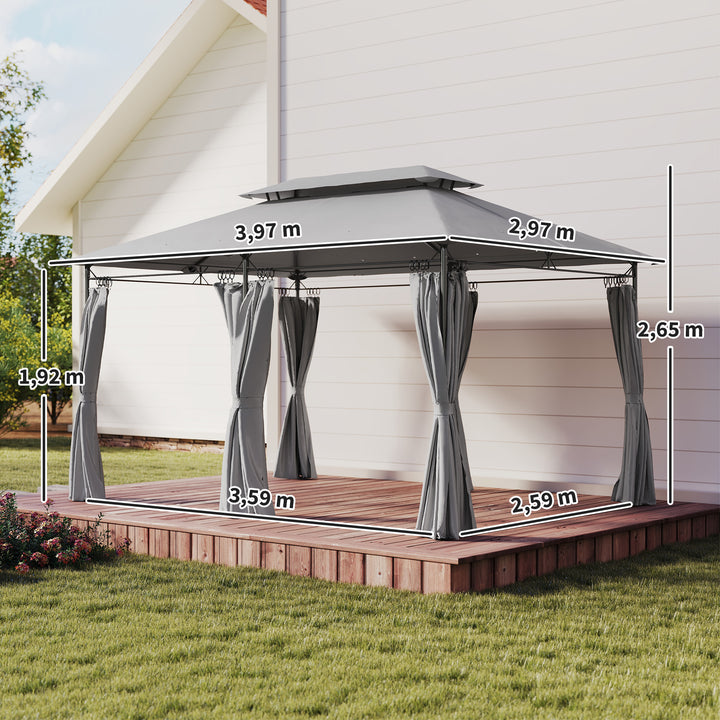 Pérgola de Jardim 397x297x265 cm Pérgola de Exterior com Teto Duplo Paredes Laterais Resistente a Água Pérgola para Pátio Cinza Escuro