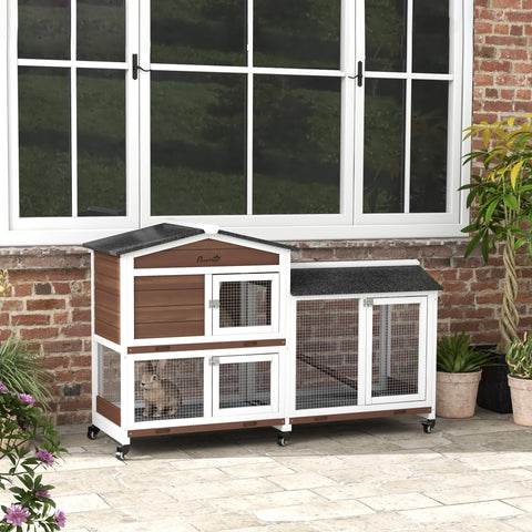 Casota para Coelhos de Madeira com Rodas 157,4x53x99,5 cm Gaiola Grande com Telhado Asfáltico, Tabuleiros Removíveis e Rampa para Exterior e Interior Castanho