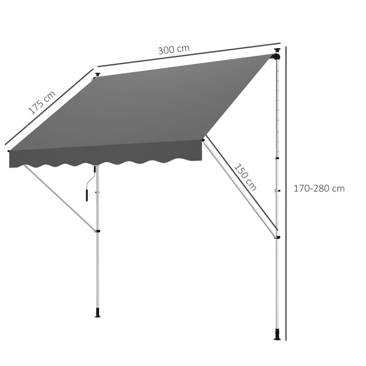 Toldo Manual Retrátil para Exterior 300x150x170-280cm Toldo Enrolável Altura Ajustável com Manivela Proteção Solar para Terraço Balcão Jardim Cinza