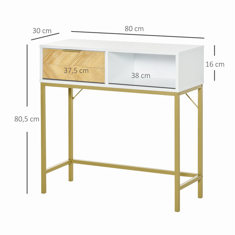 Mesa de console com gaveta e prateleira aberta Estilo moderno Móveis de Corredor para corredor Sala de estar 80x30x80,5 cm Ouro branco