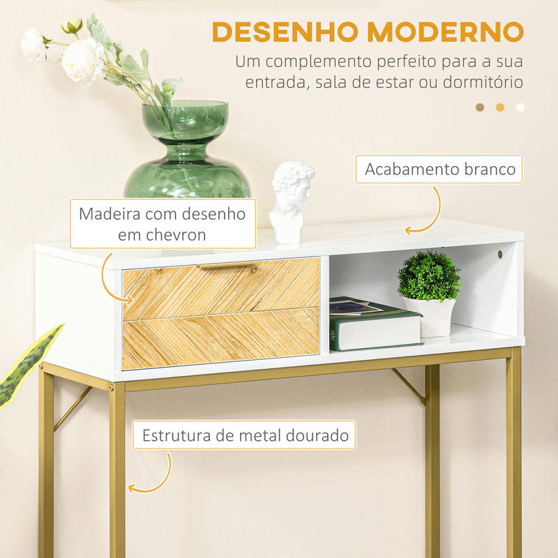 Mesa de console com gaveta e prateleira aberta Estilo moderno Móveis de Corredor para corredor Sala de estar 80x30x80,5 cm Ouro branco