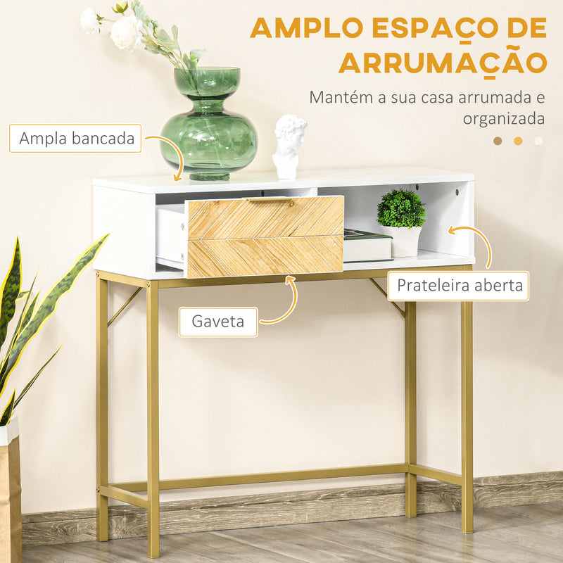 Mesa de console com gaveta e prateleira aberta Estilo moderno Móveis de Corredor para corredor Sala de estar 80x30x80,5 cm Ouro branco