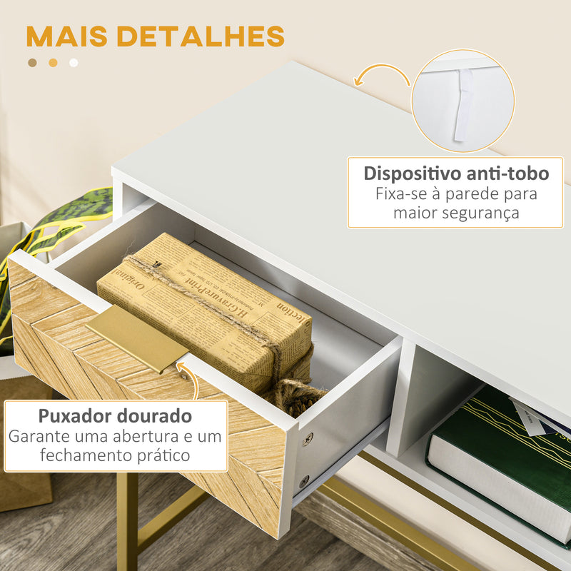 Mesa de console com gaveta e prateleira aberta Estilo moderno Móveis de Corredor para corredor Sala de estar 80x30x80,5 cm Ouro branco