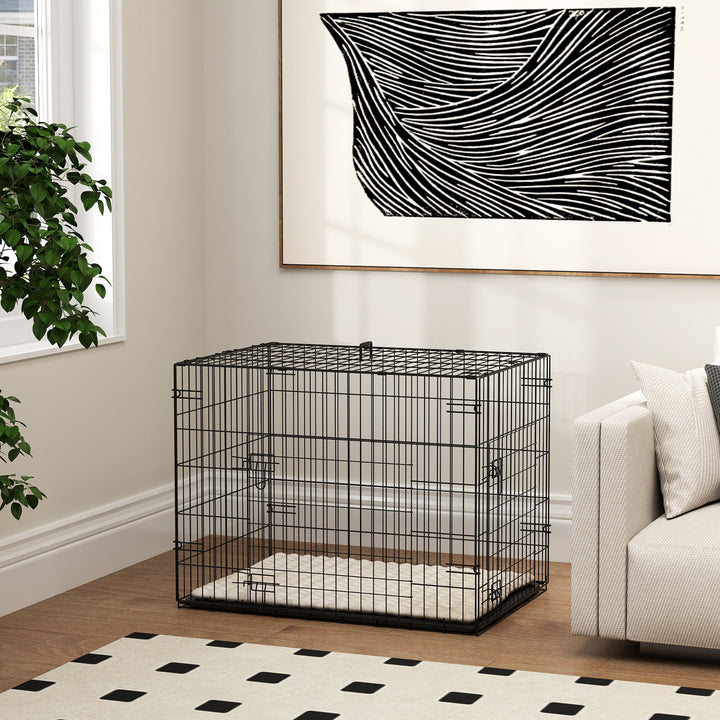 Gaiola Dobrável para Cães Pequenos com Almofada 2 Portas Bandeja Removível e Estrutura Metálica 75x48,5x53 cm Preto e Bege