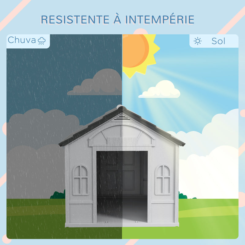 Casa para Cães 65x75,7x63 cm Casa para Cães com Janelas e Teto com Telhas de Imitação para Cães Médios Cinza e Branco