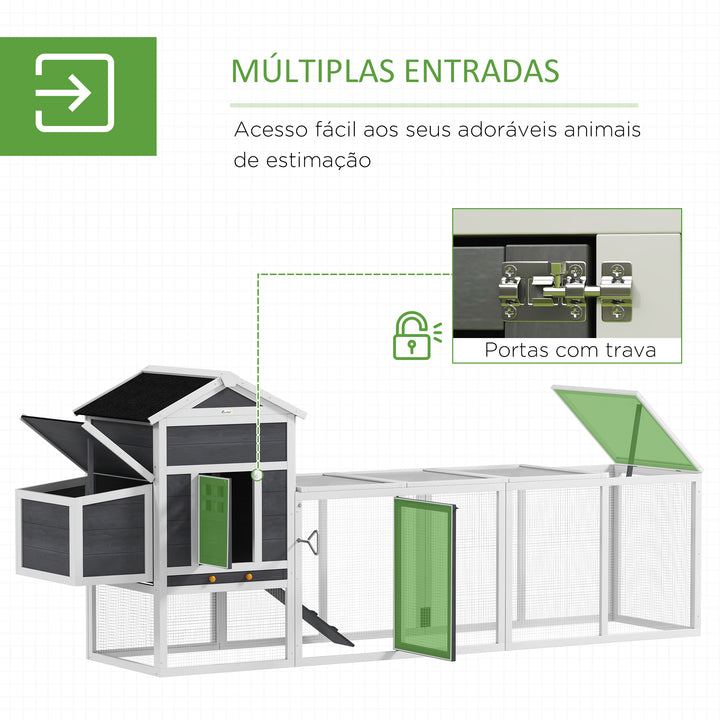 Galinheiro de Madeira 297,5x68x118cm Galinheiro Grande para 3-6 Galinhas com Teto Asfáltico Cercado de Metal Porta com Trava Caixa Ninho Bandeja Amovível e Rampa Branco e Cinza