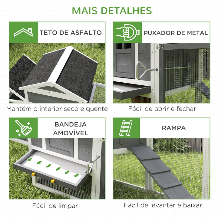 Galinheiro de Madeira 297,5x68x118cm Galinheiro Grande para 3-6 Galinhas com Teto Asfáltico Cercado de Metal Porta com Trava Caixa Ninho Bandeja Amovível e Rampa Branco e Cinza