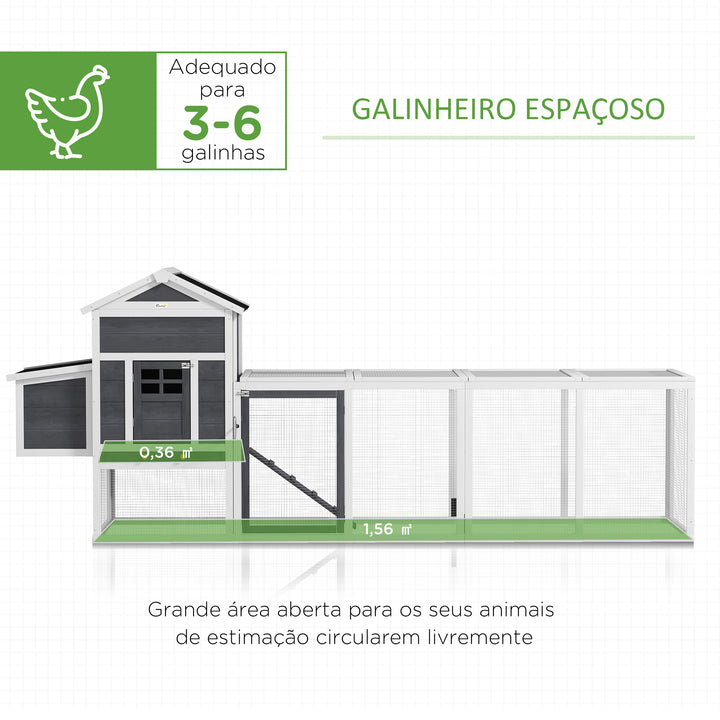 Galinheiro de Madeira 297,5x68x118cm Galinheiro Grande para 3-6 Galinhas com Teto Asfáltico Cercado de Metal Porta com Trava Caixa Ninho Bandeja Amovível e Rampa Branco e Cinza