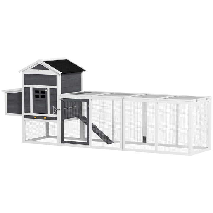 Galinheiro de Madeira 297,5x68x118cm Galinheiro Grande para 3-6 Galinhas com Teto Asfáltico Cercado de Metal Porta com Trava Caixa Ninho Bandeja Amovível e Rampa Branco e Cinza