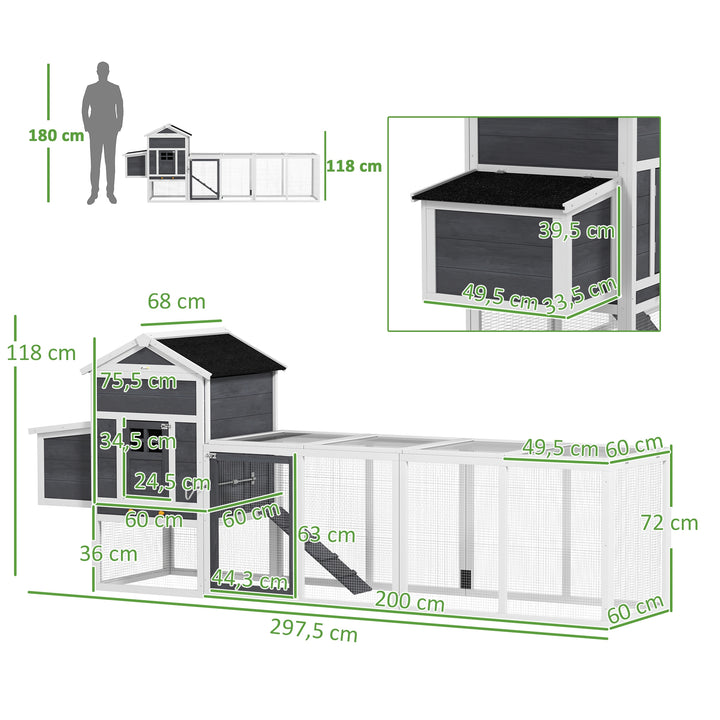 Galinheiro de Madeira 297,5x68x118cm Galinheiro Grande para 3-6 Galinhas com Teto Asfáltico Cercado de Metal Porta com Trava Caixa Ninho Bandeja Amovível e Rampa Branco e Cinza