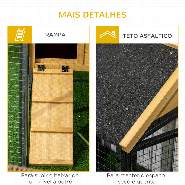 Gaiola para Coelhos de Madeira de 2 Níveis com Zona Aberta Teto Asfáltico Bandeja Removível Portas e Rampa para Exterior 120x55,5x80 cm Madeira e Preto