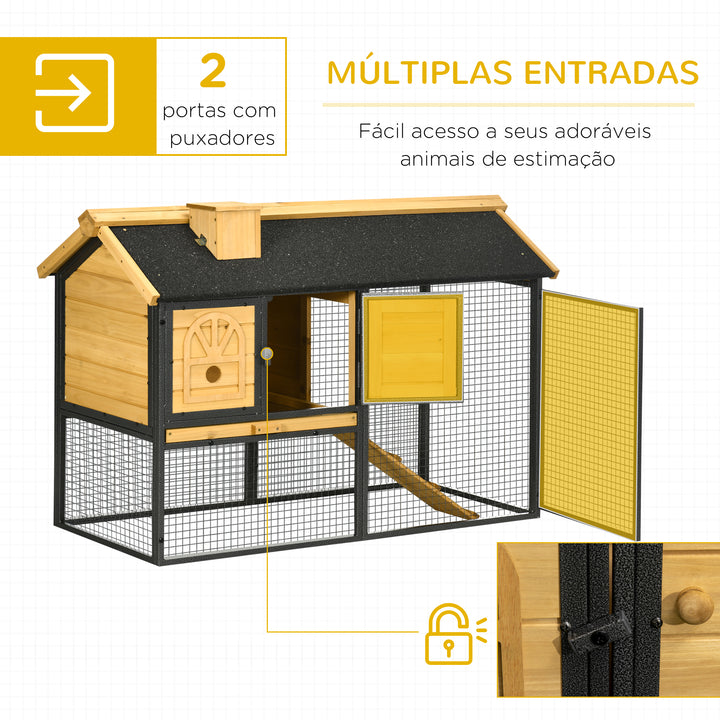 Gaiola para Coelhos de Madeira de 2 Níveis com Zona Aberta Teto Asfáltico Bandeja Removível Portas e Rampa para Exterior 120x55,5x80 cm Madeira e Preto