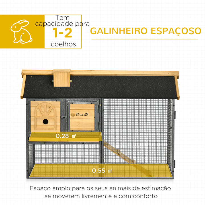 Gaiola para Coelhos de Madeira de 2 Níveis com Zona Aberta Teto Asfáltico Bandeja Removível Portas e Rampa para Exterior 120x55,5x80 cm Madeira e Preto