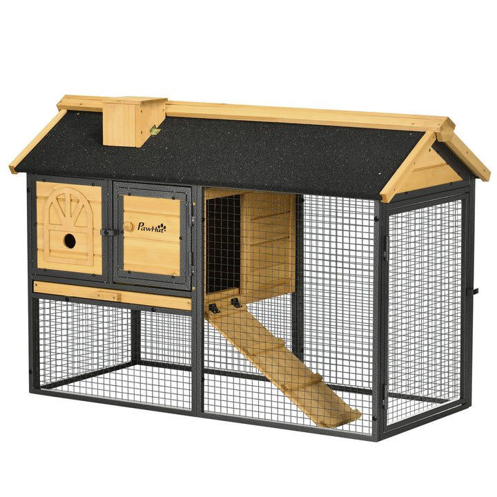 Gaiola para Coelhos de Madeira de 2 Níveis com Zona Aberta Teto Asfáltico Bandeja Removível Portas e Rampa para Exterior 120x55,5x80 cm Madeira e Preto