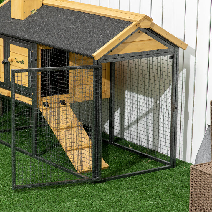 Gaiola para Coelhos de Madeira de 2 Níveis com Zona Aberta Teto Asfáltico Bandeja Removível Portas e Rampa para Exterior 120x55,5x80 cm Madeira e Preto