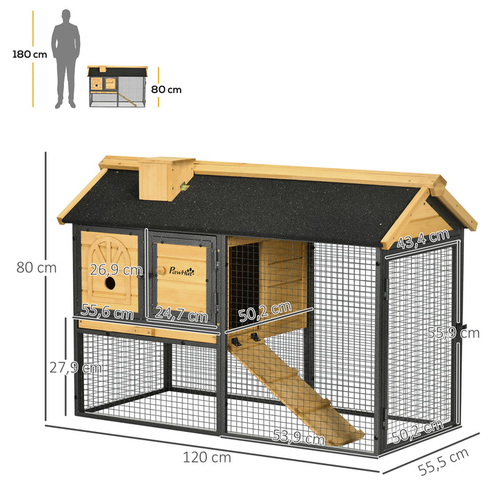Gaiola para Coelhos de Madeira de 2 Níveis com Zona Aberta Teto Asfáltico Bandeja Removível Portas e Rampa para Exterior 120x55,5x80 cm Madeira e Preto
