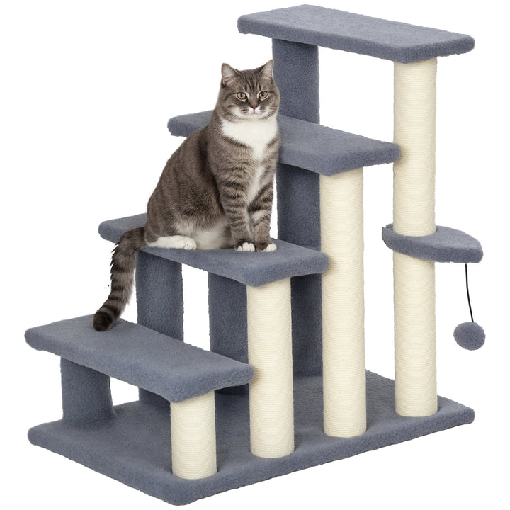 Arranhador para Gatos de 4 Níveis Escada para Animais de Estimação Revestida com Franela Suave Poste de Sisal Bola Suspensa 60x40x64 cm Cinzento