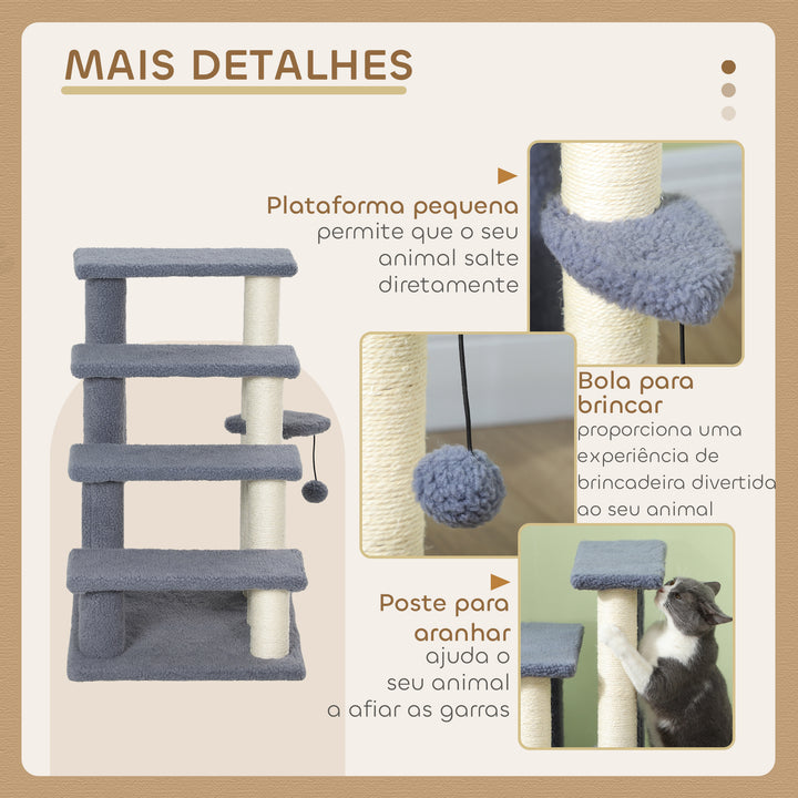 Arranhador para Gatos de 4 Níveis Escada para Animais de Estimação Revestida com Franela Suave Poste de Sisal Bola Suspensa 60x40x64 cm Cinzento