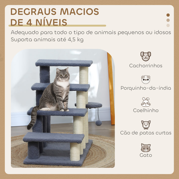 Arranhador para Gatos de 4 Níveis Escada para Animais de Estimação Revestida com Franela Suave Poste de Sisal Bola Suspensa 60x40x64 cm Cinzento