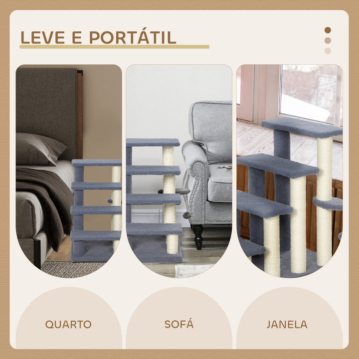 Arranhador para Gatos de 4 Níveis Escada para Animais de Estimação Revestida com Franela Suave Poste de Sisal Bola Suspensa 60x40x64 cm Cinzento