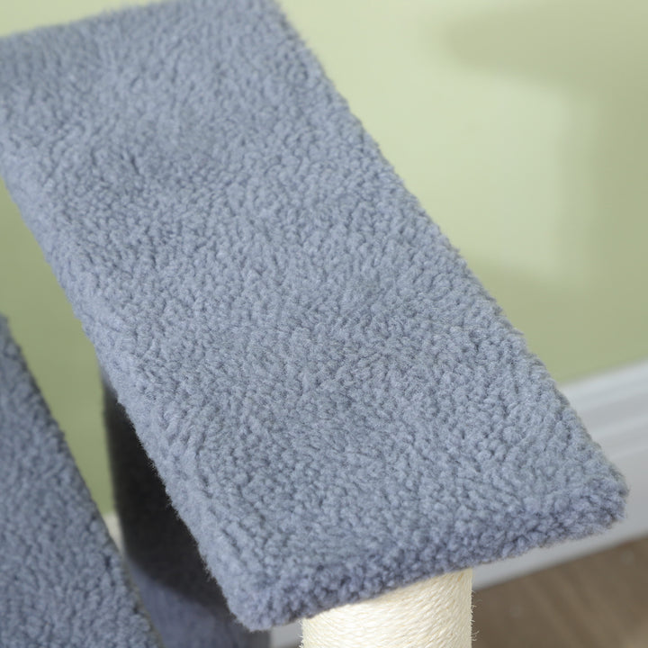 Arranhador para Gatos de 4 Níveis Escada para Animais de Estimação Revestida com Franela Suave Poste de Sisal Bola Suspensa 60x40x64 cm Cinzento