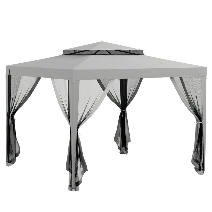 Pérgola de Jardim 297x297x268 cm Pérgola com 4 Redes Mosquiteiras Laterais com Fecho de Correr Teto de Ventilação e 8 Orifícios de Drenagem Pérgola para Terraço Pátio Exterior Cinza