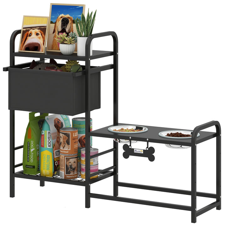 Comedouro Elevado para Cães com Gaveta em Tecido 2 Taças de Aço Inoxidável 2x800 ml Altura Ajustável 2 Prateleiras para Cães Pequenos e Médios 89,5x27x74 cm Preto
