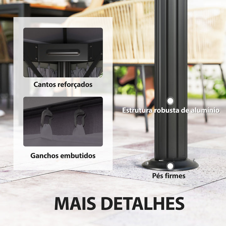 Pérgola de Jardim 390x290x270 cm Pérgola de Alumínio com Teto com Ventilação 4 Cortinas Laterais 4 Telas Mosquiteiras e 8 Orifícios de Drenagem para Festas Eventos Exterior Cinza