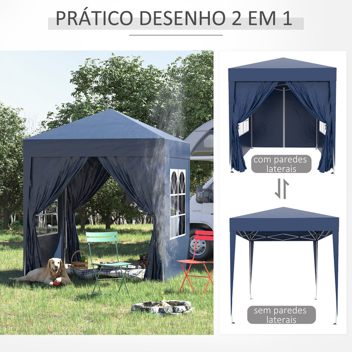 Tenda Dobrável 2x2 m Tenda de Jardim com 4 Paredes Laterais Tecido Oxford 2 Portas 2 Janelas e Bolsa de Transporte para Exterior Terraço Campismo Festas Azul