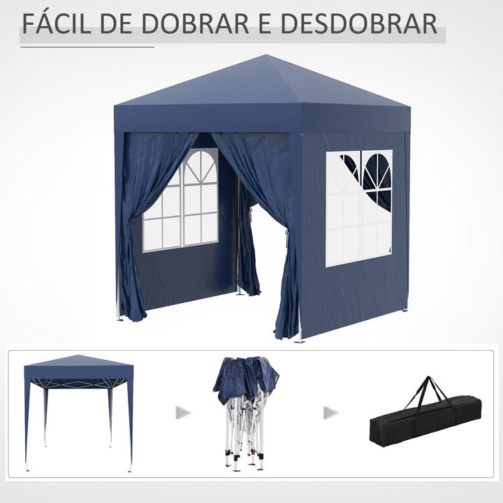 Tenda Dobrável 2x2 m Tenda de Jardim com 4 Paredes Laterais Tecido Oxford 2 Portas 2 Janelas e Bolsa de Transporte para Exterior Terraço Campismo Festas Azul