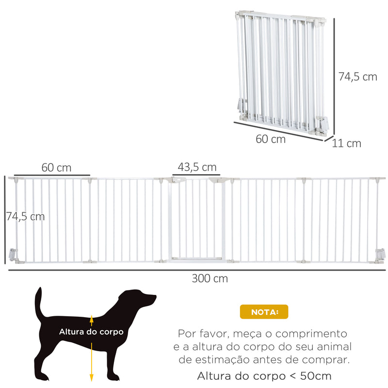 Barreira de Segurança para Animais de Estimação Barreira Dobrável de 5 Painéis com Fechadura Inteligente para Corredor Escada 300x74,5 cm Branco