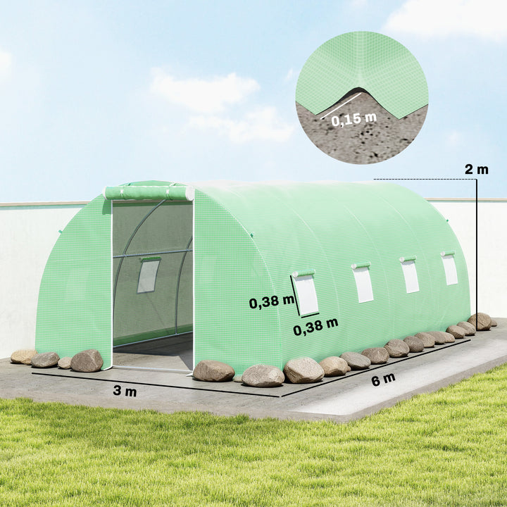 Estufa Tipo Túnel 6x3x2 m Estufa de Exterior com Paredes Laterais Enroláveis 8 Janelas de Malha e Porta Enrolável com Fecho de Correr para Jardim Pátio Verde