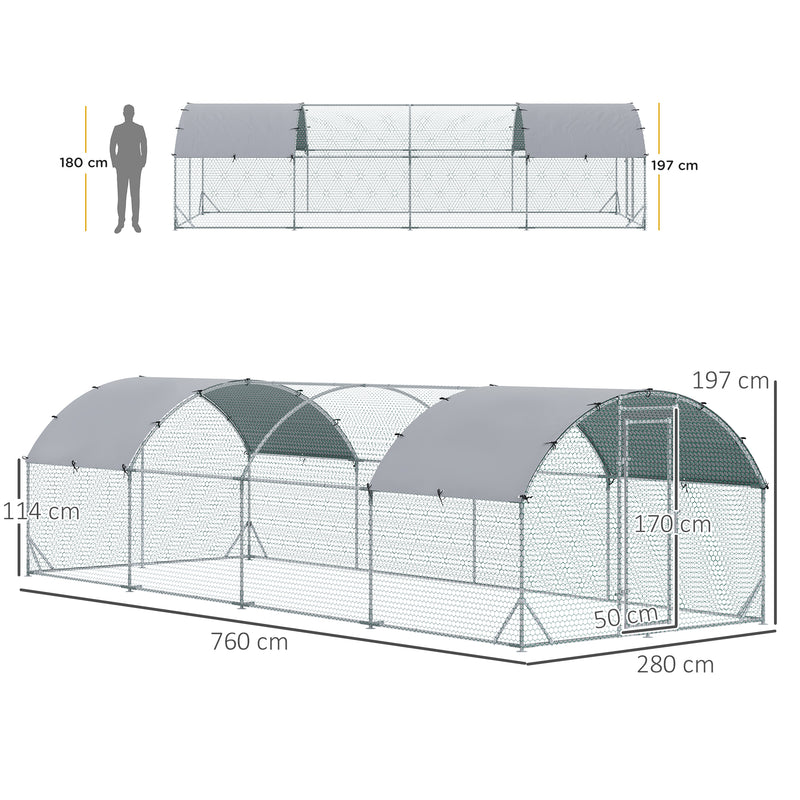 Galinheiro para Exterior Grande 2,8x7,60x1,97 m Galinheiro para 16-24 Galinhas de Aço Galvanizado com Teto de Tecido Oxford para Coelhos Aves Prata